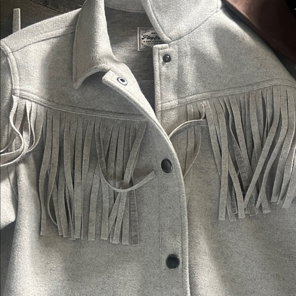 Fringe Detail Light Gray Women's button down jacket - Picture 3 of 5